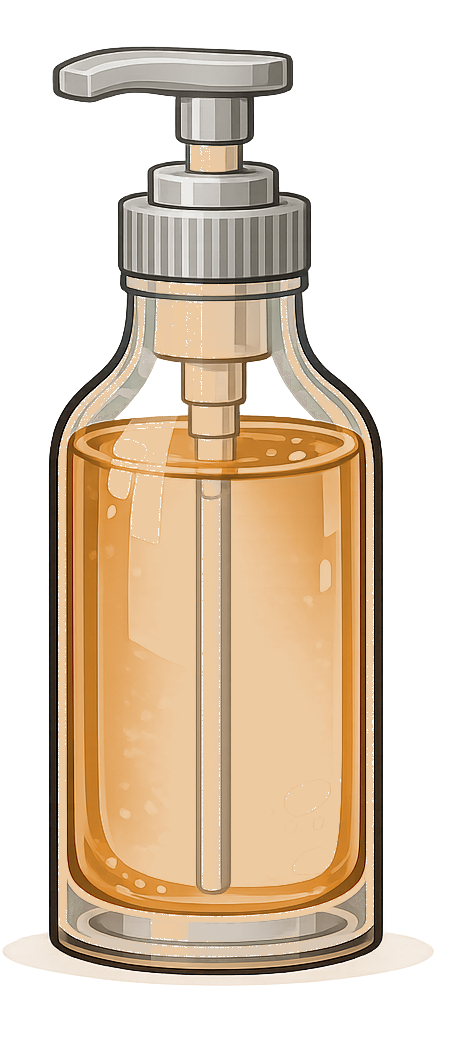 A glass pump bottle of Blue House Cafe's house-made syrup.